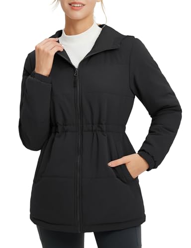 baleaf Damen Steppjacke Leichte Übergangsjacke Runningjacke Lang Pufferjacke Isolierte Wanderjacke Warme Fleecejacke Winterjacke mit Reißverschluss Schwarz XS von baleaf