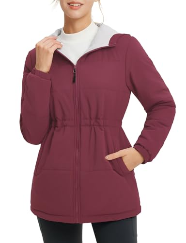 baleaf Damen Steppjacke Leichte Übergangsjacke Runningjacke Lang Pufferjacke Isolierte Wanderjacke Warme Fleecejacke Winterjacke mit Reißverschluss Weinrot L von baleaf
