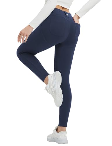 baleaf Damen Thermo Leggings High Waist Sport Leggings mit Taschen Fleece gefütterte Sporthose Winter Outdoor Thermohose Workout Yoga Slim Fitness Blau S von baleaf