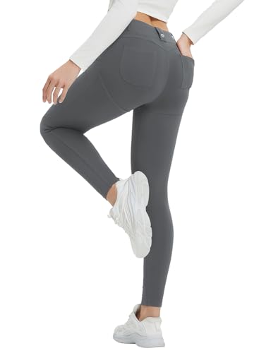 baleaf Damen Thermo Leggings High Waist Sport Leggings mit Taschen Fleece gefütterte Sporthose Winter Outdoor Thermohose Workout Yoga Slim Fitness Grau M von baleaf