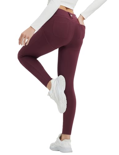 baleaf Damen Thermo Leggings High Waist Sport Leggings mit Taschen Fleece gefütterte Sporthose Winter Outdoor Thermohose Workout Yoga Slim Fitness Rot M von baleaf