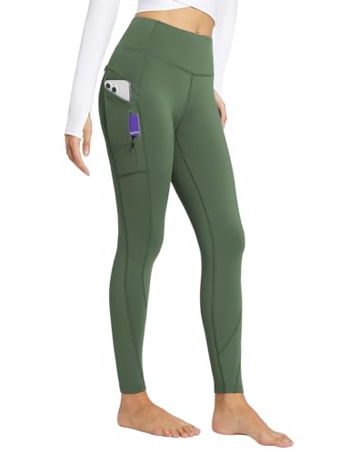 baleaf Damen Thermo Leggings Winter mit Taschen Sport Leggings High Waist Fleece gefüttert Yogahose Outdoor Thermohose Slim Fitness Warm Sporthose Grün S von baleaf