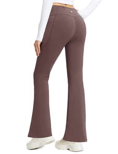 baleaf Damen Thermo Yogahose High Waist Flared Leggings Winter Fleece gefütterte Thermohose Drawstring Thermal Leggings Bootcut Bell Bottom Warm Jogginghose mit Taschen Dunkelbraun L von baleaf