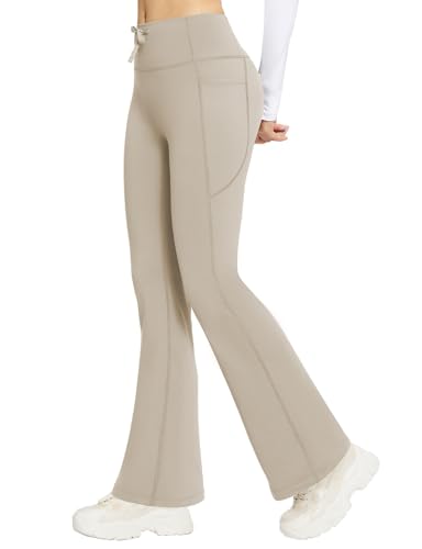 baleaf Damen Thermo Yogahose High Waist Flared Leggings Winter Fleece gefütterte Thermohose Drawstring Thermal Leggings Bootcut Bell Bottom Warm Jogginghose mit Taschen Khaki XXXL von baleaf