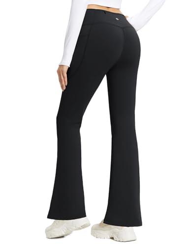 baleaf Damen Thermo Yogahose High Waist Flared Leggings Winter Fleece gefütterte Thermohose Drawstring Thermal Leggings Bootcut Bell Bottom Warm Jogginghose mit Taschen Schwarz S von baleaf
