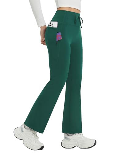 baleaf Damen Thermohose High Waist Thermo Flared Leggings Petite Winter Fleece gefütterte Yogahose mit Taschen Outdoor Warm Drawstring Thermal Leggings Bootcut Jogginghose Grün M von baleaf