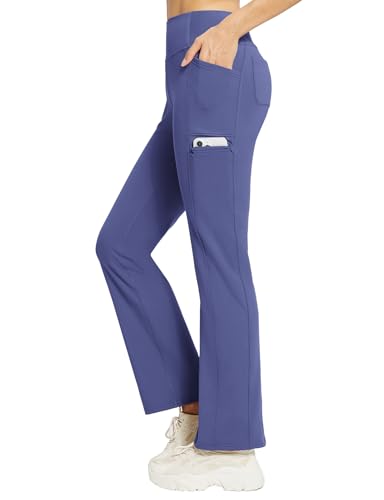 baleaf Damen Thermohosen mit Taschen Flare Leggings Hohe Taille Bootcut Thermo Leggings Sweatpants Winter Yoga Hose Blau L von baleaf