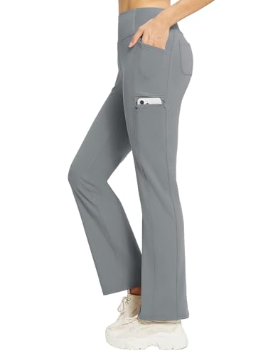 baleaf Damen Thermohosen mit Taschen Flare Leggings Hohe Taille Bootcut Thermo Leggings Sweatpants Winter Yoga Hose Grau L von baleaf