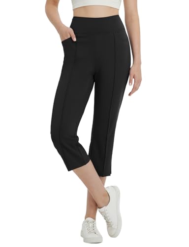 baleaf Damen Yogahose High Waist mit Taschen gerades Bein 3/4 Yoga Hosen Casual Workout Freizeithose Schwarz XXXL von baleaf