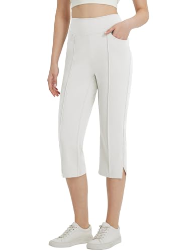 baleaf Damen Yogahose High Waist mit Taschen gerades Bein 3/4 Yoga Hosen Casual Workout Freizeithose Weiß XS von baleaf