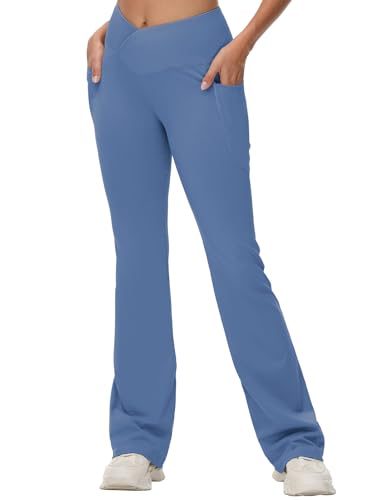 baleaf Damen Yogahose Hohe Taille Schlaghose mit Taschen Bootcut Flared Leggings High Waist Jogginghose Jazzpants Sporthose Blau-34'' L von baleaf
