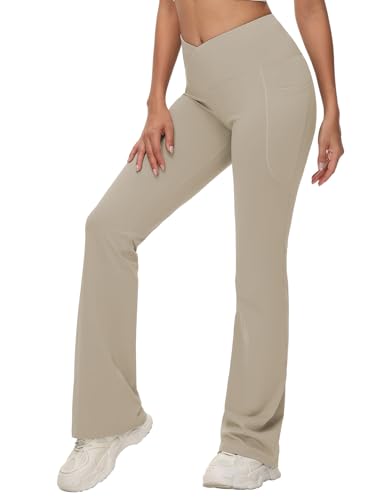 baleaf Damen Yogahose Hohe Taille Schlaghose mit Taschen Bootcut Flared Leggings High Waist Jogginghose Jazzpants Sporthose Braun-34'' S von baleaf