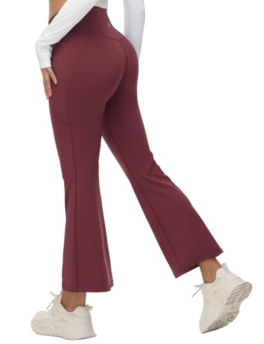 baleaf Damen Yogahose Hohe Taille Schlaghose mit Taschen Bootcut Flared Leggings High Waist Jogginghose Jazzpants Sporthose Burgunderrot-27'' XL von baleaf
