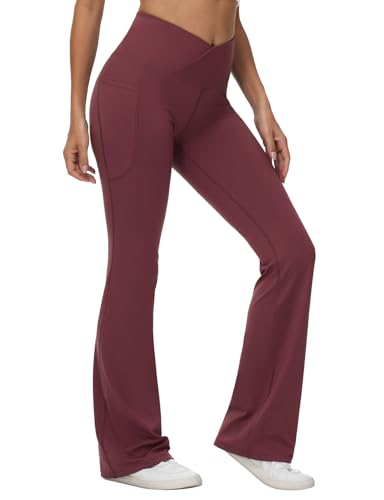 baleaf Damen Yogahose Hohe Taille Schlaghose mit Taschen Bootcut Flared Leggings High Waist Jogginghose Jazzpants Sporthose Burgunderrot-34'' M von baleaf