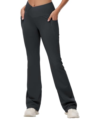 baleaf Damen Yogahose Hohe Taille Schlaghose mit Taschen Bootcut Flared Leggings High Waist Jogginghose Jazzpants Sporthose Grau-34'' L von baleaf