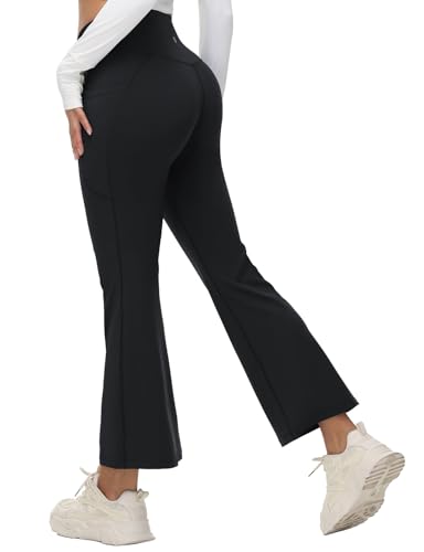 baleaf Damen Yogahose Hohe Taille Schlaghose mit Taschen Bootcut Flared Leggings High Waist Jogginghose Jazzpants Sporthose Schwarz-27'' XXL von baleaf