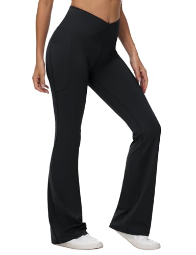 baleaf Damen Yogahose Hohe Taille Schlaghose mit Taschen Bootcut Flared Leggings High Waist Jogginghose Jazzpants Sporthose Schwarz-34'' L von baleaf