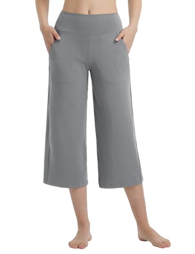baleaf Damen Yogahose Weites Bein Caprihose Damen Sommer mit Taschen High Waist 3/4 Straighthose Arbeiten Casual Lounge Sporthose Workout Jogginghose Dunkelgrau L von baleaf