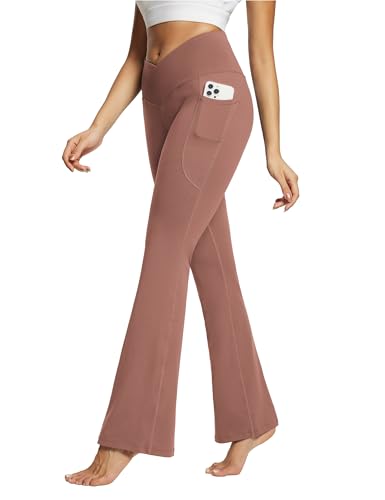 baleaf Damen Yogahose mit Taschen Schlaghose Stoff Flare Leggings Bauchkontrolle Sporthose Stretch Hohe Taille Rosa 32" XL von baleaf