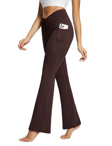 baleaf Damen Yogahose mit Taschen Schlaghose Stoff Flare Leggings Bauchkontrolle Sporthose Stretch Hohe Taille braun S von baleaf