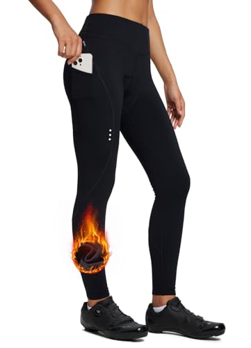 baleaf Fahrradhose Damen Winter Wasserdicht Thermo Radhose Damen Fleece Gefüttert Winddicht Fahrradhose Lang 4D Gepolstert mit Tasche Schwarz S von baleaf