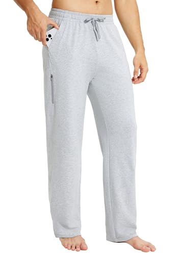 baleaf Herren Breite Jogginghose Baumwolle Freizeithose Gerades Bein Sporthose Herren Lang Yogahose Klassische Trainingshose mit Taschen Hellgrau XXL von baleaf