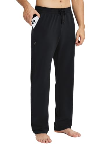baleaf Herren Breite Jogginghose Baumwolle Freizeithose Gerades Bein Sporthose Herren Lang Yogahose Klassische Trainingshose mit Taschen Schwarz XXL von baleaf