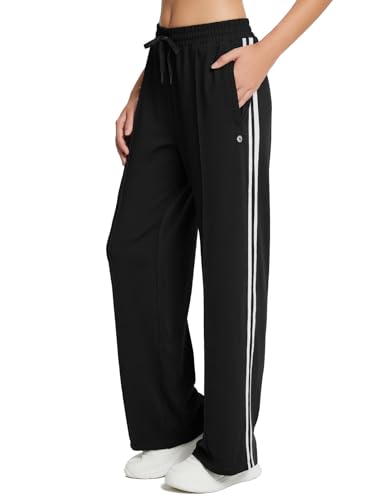 baleaf Jogginghose Damen Sommer, High Waist Sport Lang Baggg mit Taschen Leichte Sweatpants Yoga Training Freizeit Schwarz/Weiß XL von baleaf