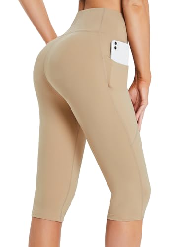 baleaf Knielange Kurze Leggings Damen Yogahose kurz high Waist Yoga Radlerleggings Sport Sommer mit Taschen Khaki M von baleaf