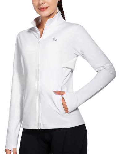 baleaf Laufjacke Damen Winter Fahrradjacke Wasserdicht Atmungsaktiv Sportjacke Thermo Fleecejacke Warm Trainingsjacke mit Reißverschlusstasche Daumenloch für Winter Radfahren Wandern Weiß XXL von baleaf