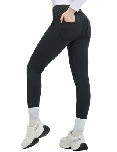 baleaf Leggings Damen mit Taschen Jegging Fleece Hoher Taille Thermo Leggings Damen Sporthose zum Laufen Training Fitnessstudio Yoga Schwarz L von baleaf