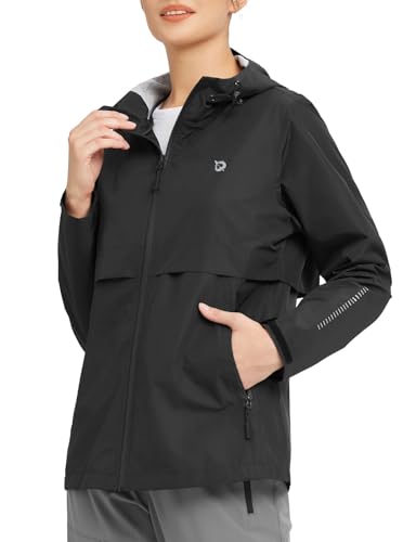 baleaf Regenjacke Damen Wasserdicht Atmungsaktiv Wanderjacke Leichte Jacke mit Kapuze Funktionsjacke Windbreaker Übergangsjacke Schwarz XL von baleaf