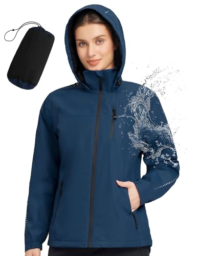 baleaf Regenjacke Damen Wasserdicht Atmungsaktiv Wanderjacke Outdoorjacke Fahrradjacke mit Kapuze Funktionsjacke Übergangsjacke Raincoat Windbreaker Marineblau S von baleaf