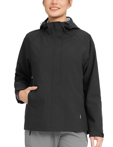 baleaf Regenjacke Damen Wasserdicht Atmungsaktiv Wanderjacke Outdoorjacke Leichte Damen Jacke mit Kapuze Funktionsjacke Übergangsjacke Windbreaker Schwarz XS von baleaf