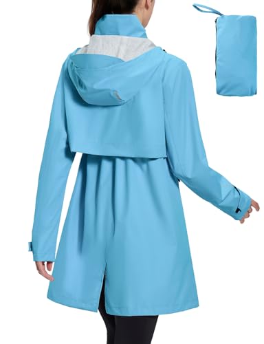 baleaf Regenmantel Damen Lang Wasserdicht Regenjacke Trenchcoat mit Taschen Windbreaker Leicht Regenponcho Packbare Funktionsjacke Raincoat Wandermäntel Blau L von baleaf