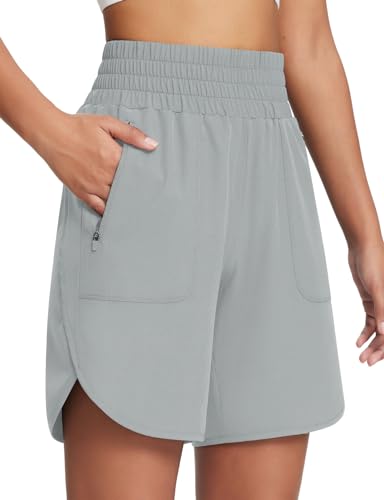 baleaf Sporthose Damen kurz 7" Laufhose kurz Sportshorts mit Handytasche Sommershorts Schnelltrocknend Bermuda Shorts Knielange Running Shorts high Waist Trainingsshorts Gym Outdoor Grau XL von baleaf