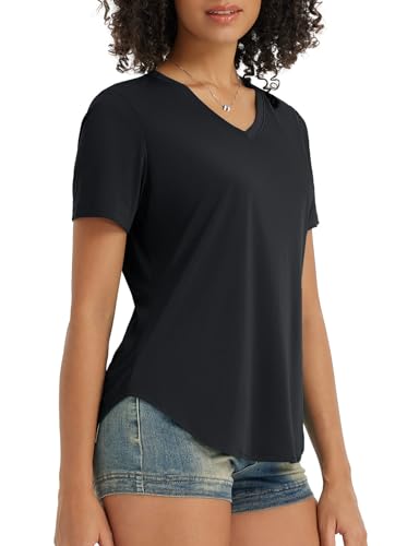 baleaf T-Shirt Damen UV Shirt V Ausschnitt Laufshirt Sportshirt Kurzarm T-Shirts UPF 50+ Schnelltrocknend Sport Oberteile Schwarz M von baleaf