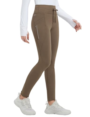 baleaf Thermo Leggings Damen Fleece gefütterte Hose Taille Wasserdicht Thermal Winter Knöchel Zip Ski Wandern Hose mit Tasche Braun L von baleaf