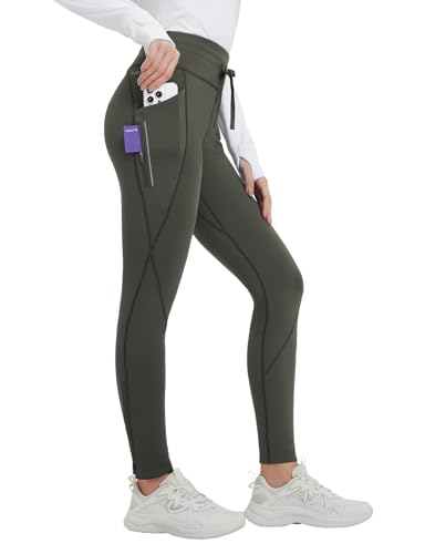 baleaf Thermo Leggings Damen Fleece gefütterte Hose Taille Wasserdicht Thermal Winter Knöchel Zip Ski Wandern Hose mit Tasche Grün XL von baleaf