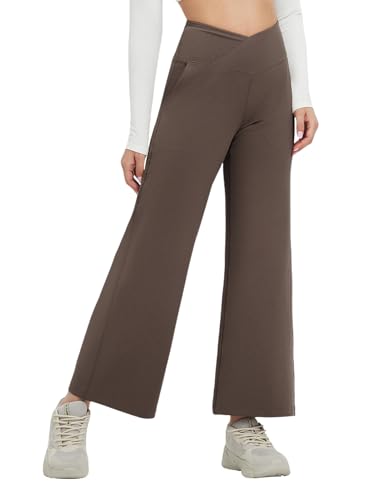baleaf Weite Hose Damen Yogahose mit Taschen Stoffhose Hohe Taille Jogginghose Straighthose Bauchkontrolle Schlaghose Sporthose Petite Braun XXL von baleaf
