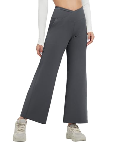 baleaf Weite Hose Damen Yogahose mit Taschen Stoffhose Hohe Taille Jogginghose Straighthose Bauchkontrolle Schlaghose Sporthose Petite Grau XL von baleaf