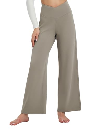 baleaf Weite Hose Damen Yogahose mit Taschen Stoffhose Hohe Taille Jogginghose Straighthose Bauchkontrolle Schlaghose Sporthose Petite Khaki XS von baleaf
