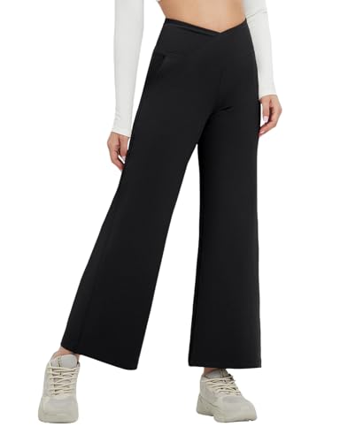 baleaf Weite Hose Damen Yogahose mit Taschen Stoffhose Hohe Taille Jogginghose Straighthose Bauchkontrolle Schlaghose Sporthose Petite Schwarz 3XL von baleaf