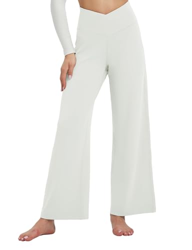 baleaf Weite Hose Damen Yogahose mit Taschen Stoffhose Hohe Taille Jogginghose Straighthose Bauchkontrolle Schlaghose Sporthose Petite Weiß XXL von baleaf