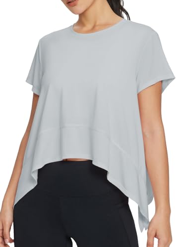 baleaf Workout Tops Damen Kurzarm Flowy Laufen Athletische Shirts Schnell Dry Soft Loose Fit Rundhals Gym Yoga Tees Hellgrau XL von baleaf