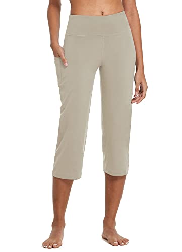 baleaf Yogahose Damen 3/4 Casual Freizeithose Jogginghose gerades Bein High Waist Traininghose Arbeitshose mit Taschen Bauchkontrolle für Fitness Workout Training Freizeit Braun XXL von baleaf