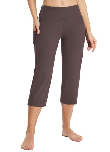 baleaf Yogahose Damen 3/4 Casual Freizeithose Jogginghose gerades Bein High Waist Traininghose Arbeitshose mit Taschen Bauchkontrolle für Fitness Workout Training Freizeit Dunkelbraun M von baleaf