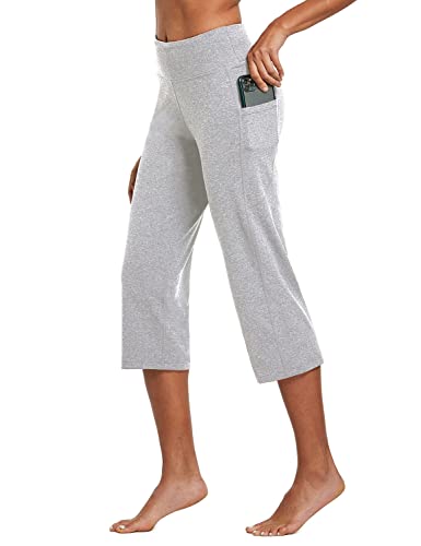 baleaf Yogahose Damen 3/4 Casual Freizeithose Jogginghose gerades Bein High Waist Traininghose Arbeitshose mit Taschen Bauchkontrolle für Fitness Workout Training Freizeit Hell floral grau XXL von baleaf