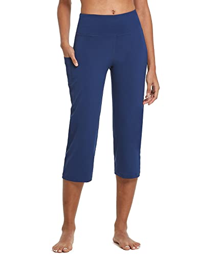 baleaf Yogahose Damen 3/4 Casual Freizeithose Jogginghose gerades Bein High Waist Traininghose Arbeitshose mit Taschen Bauchkontrolle für Fitness Workout Training Freizeit Tiefblau XXL von baleaf