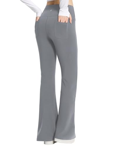 baleaf Yogahose Damen High Waist Schlaghose Bauchkontrolle Freizeithose Baumwolle Sporthose lang Yoga Pants mit Taschen Grau S von baleaf